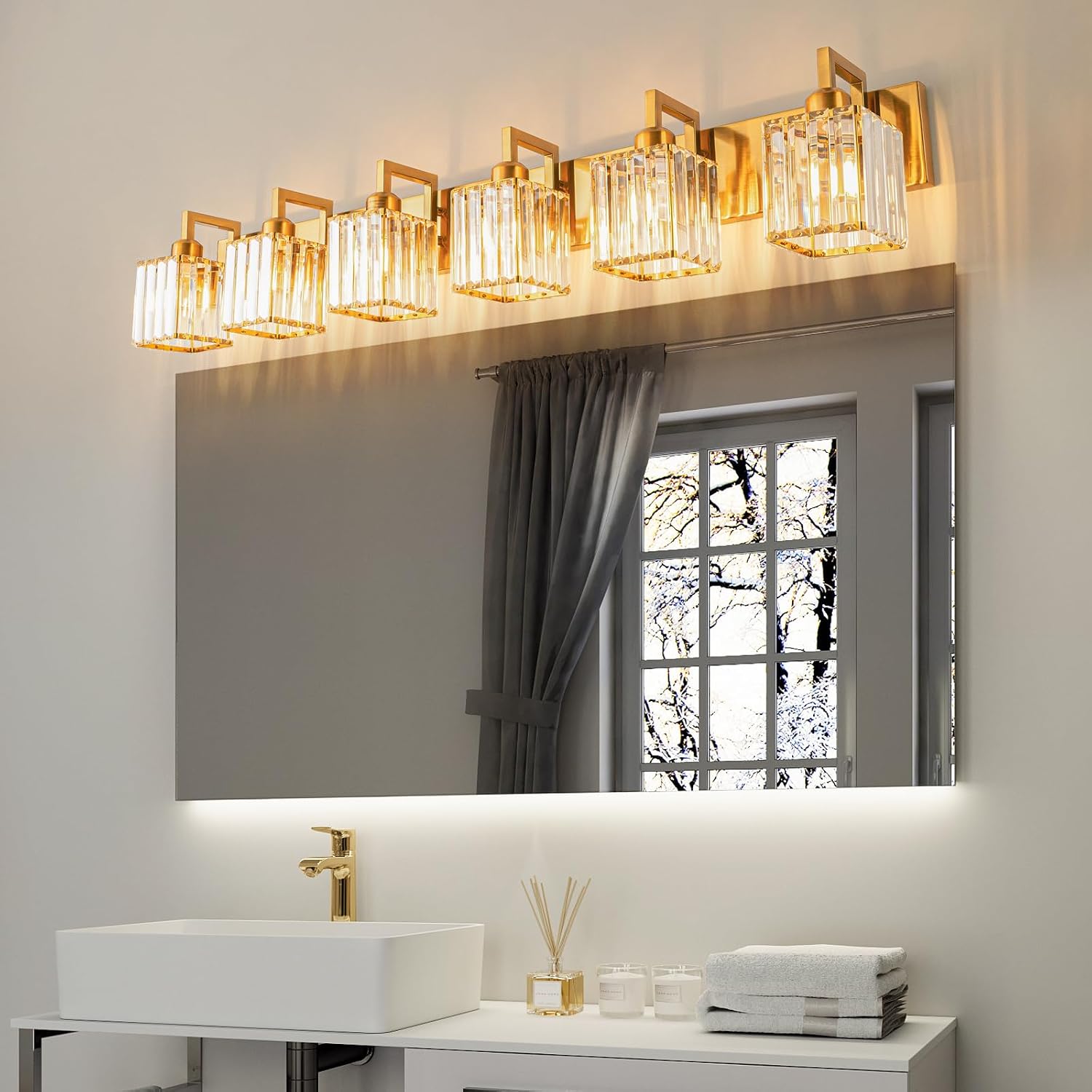 Crystal Bathroom Vanity Light 6-Lights Gold Brushed Brass Finish Modern Crystal Wall Lamp Bathroom Modern Crystal Vanity Lighting