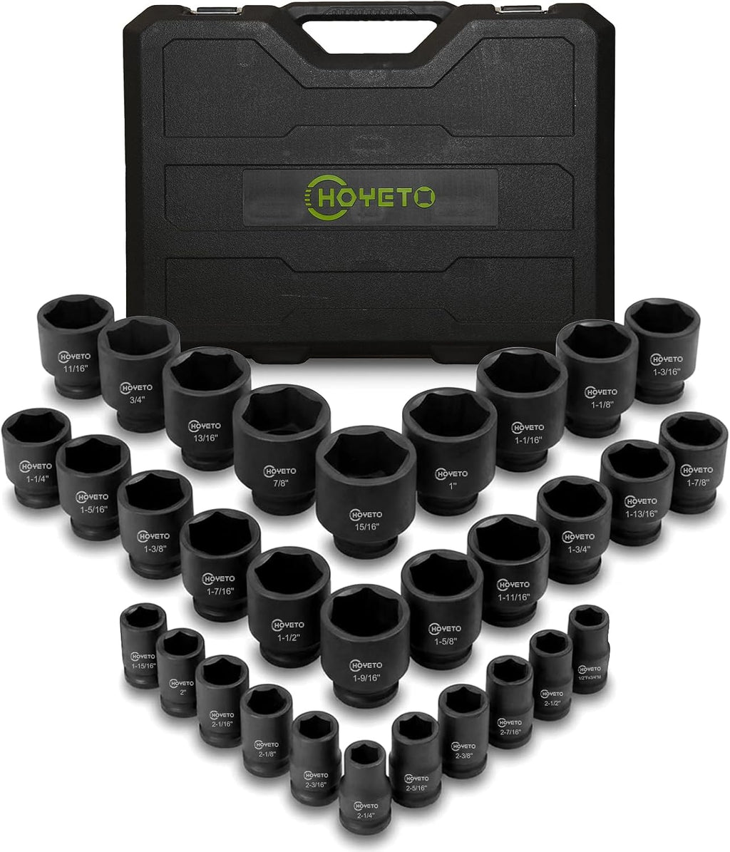3/4' Drive Impact Socket Set, 31 Piece SAE 11/16' to 2-1/2', 6-Point Sockets Cr-Mo Alloy Steel for Auto Repair Rugged Construction, Storage Case