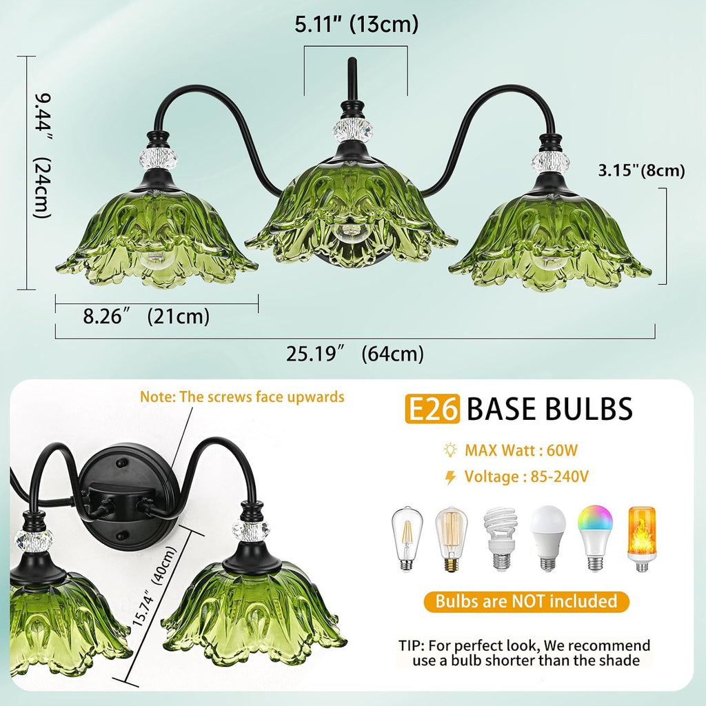 Black Bathroom Vanity Light,3-Light Vanity Light with Floral Green Glass Shades,Vintage Farmhouse Wall Mount Lighting for Bathroom, Dressing Table