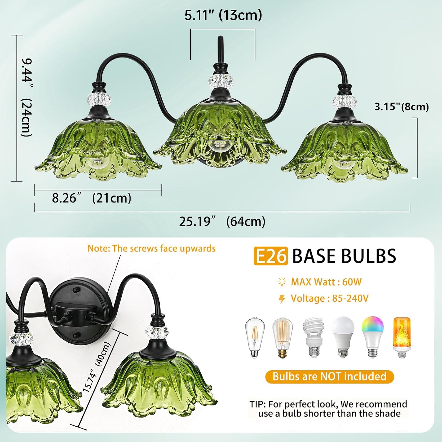 Black Bathroom Vanity Light,3-Light Vanity Light with Floral Green Glass Shades,Vintage Farmhouse Wall Mount Lighting for Bathroom, Dressing Table