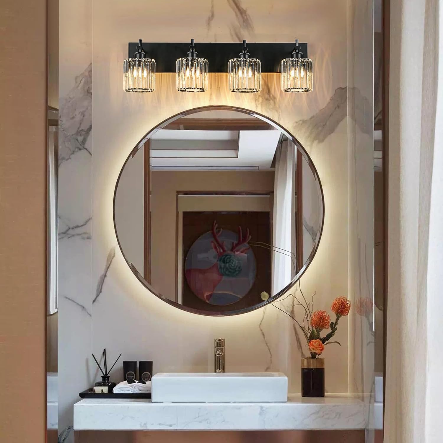 Black Crystal Bathroom Vanity Lights, Modern 4-Lights Bathroom Lighting Fixtures Over Mirror, Crystal Wall Lighting with Round Shade
