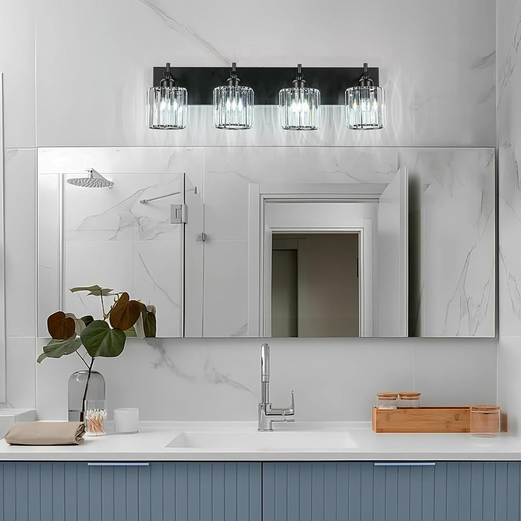 Black Crystal Bathroom Vanity Lights, Modern 4-Lights Bathroom Lighting Fixtures Over Mirror, Crystal Wall Lighting with Round Shade