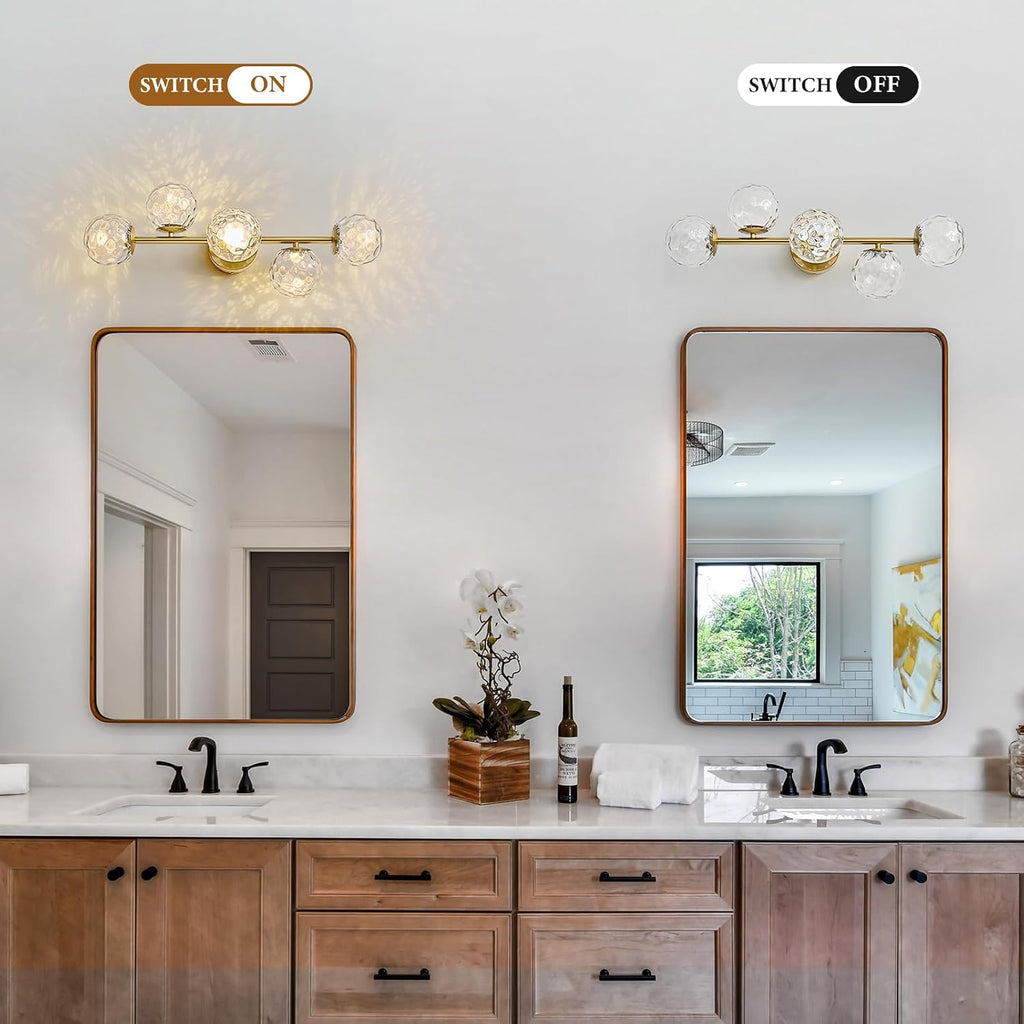 Gold Bathroom Vanity Light Fixtures: 5-Light Hammered Clear Glass Globe Light Fixture Bathroom Wall Sconce over Mirror - Mid Century Modern Gold Dimmable LED Brushed Brass Vanity Lighting Sconces