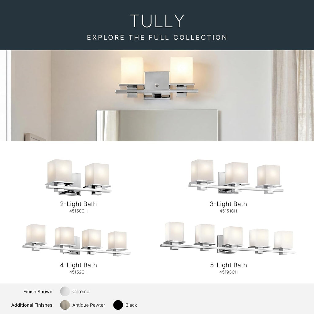 Kichler Tully 15' Vanity Light in Chrome, 2-Light Modern Bathroom Light with Satin Etched Cased Opal Glass, (15' W x 6.5' H), 45150CH
