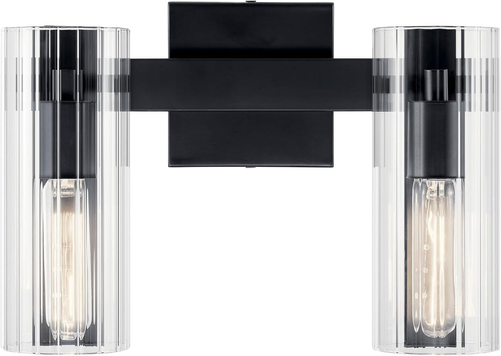 Kichler Jemsa 2-Light Bathroom Vanity Light Fixture with Clear Fluted Glass in Black, Modern Wall Mount Light for Bathroom or Powder Room (9.75' x 13.75'), 55167BK