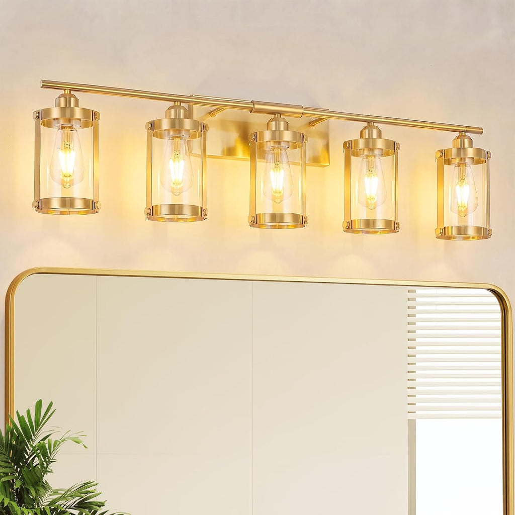 5-Light Brushed Gold Bathroom Light Fixtures Over Mirror with Clear Glass and Metal Cage Shade, 38' UL-Listed Modern Farmhouse Wall Sconce for Bath, Hardwire E26, OS-3014BG-5W