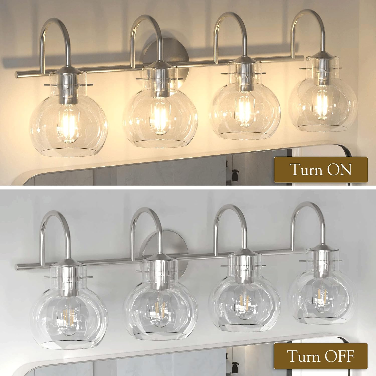 4-Light Bathroom Light Fixtures, Brushed Nickel Vanity Light, Farmhouse Wall Lights with Clear Glass Shade, Bathroom Wall Lamp for Mirror Kitchen Bedroom Hallway Living Room Hallway Cabinet