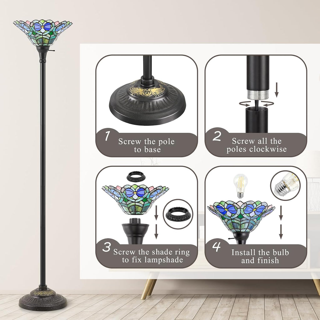 Luvkczc Tiffany Torchiere Floor Lamp - 70' Victorian Stained Glass Lamp Antique Tiffany Style Standing Light for Home,Office,Hotel Decor