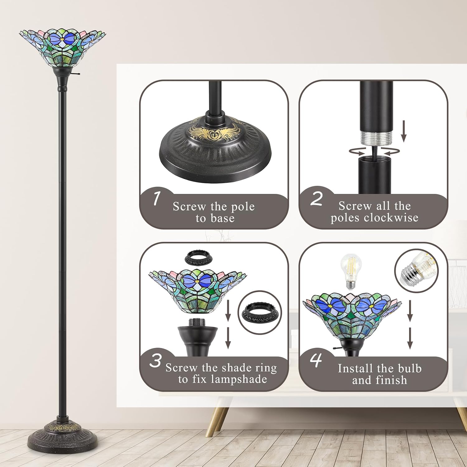 Luvkczc Tiffany Torchiere Floor Lamp - 70' Victorian Stained Glass Lamp Antique Tiffany Style Standing Light for Home,Office,Hotel Decor