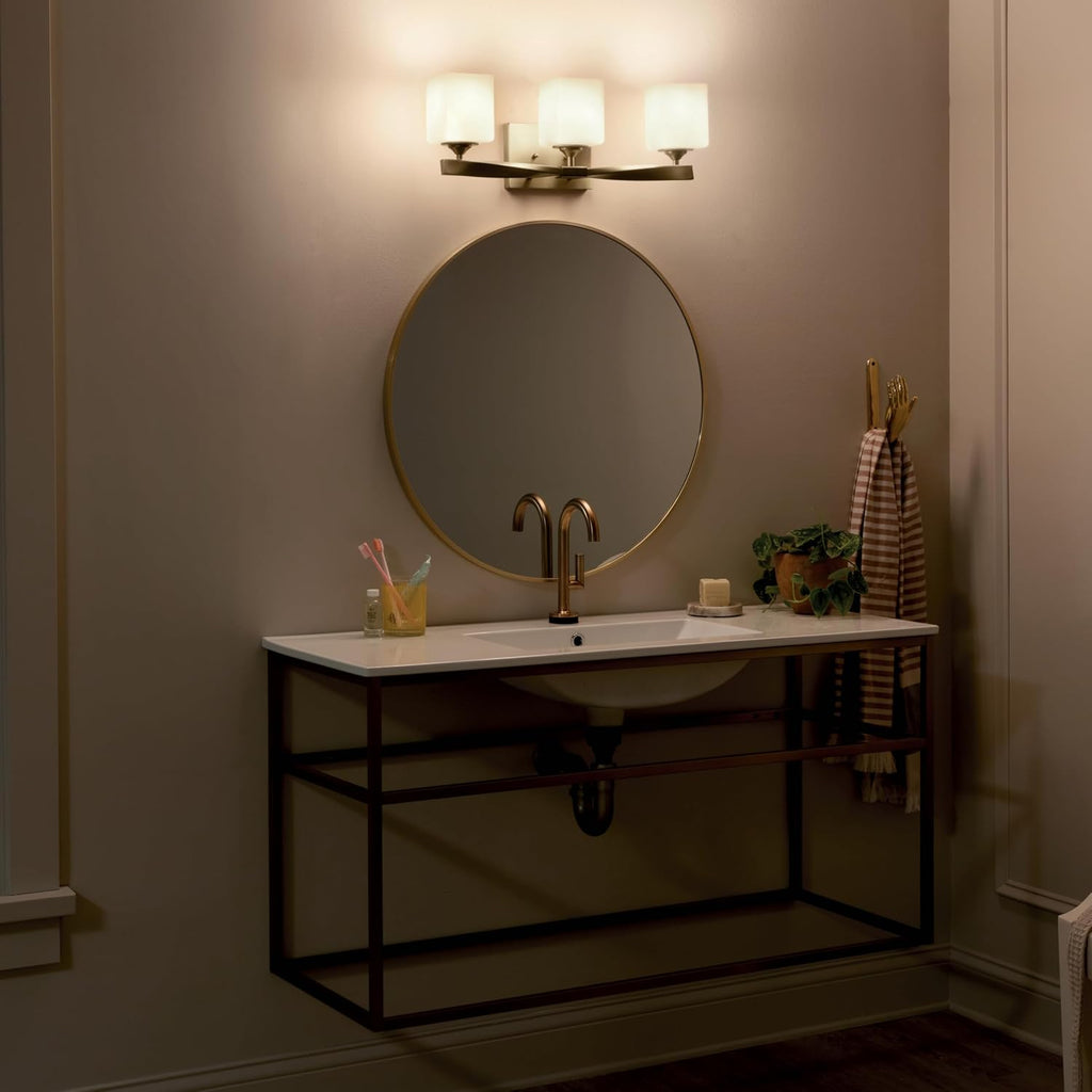 Kichler Marette 23' 3-Light Bathroom Vanity Light Fixture with Satin Etched Cased Opal Glass in Champagne Bronze for Bathroom and Powder Room (23' x 8.25' x 6'), 55002CPZ