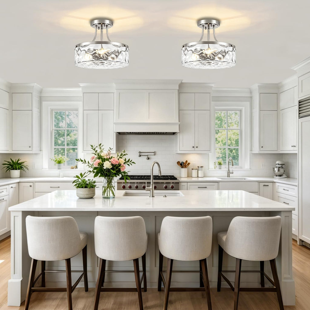 TOULMJ Brushed Nickel Semi Flush Mount Ceiling Light, 3-Light Modern Hammered Glass Kitchen Lighting Fixture for Hallway Entryway Bathroom Bedroom Laundry Dining Room