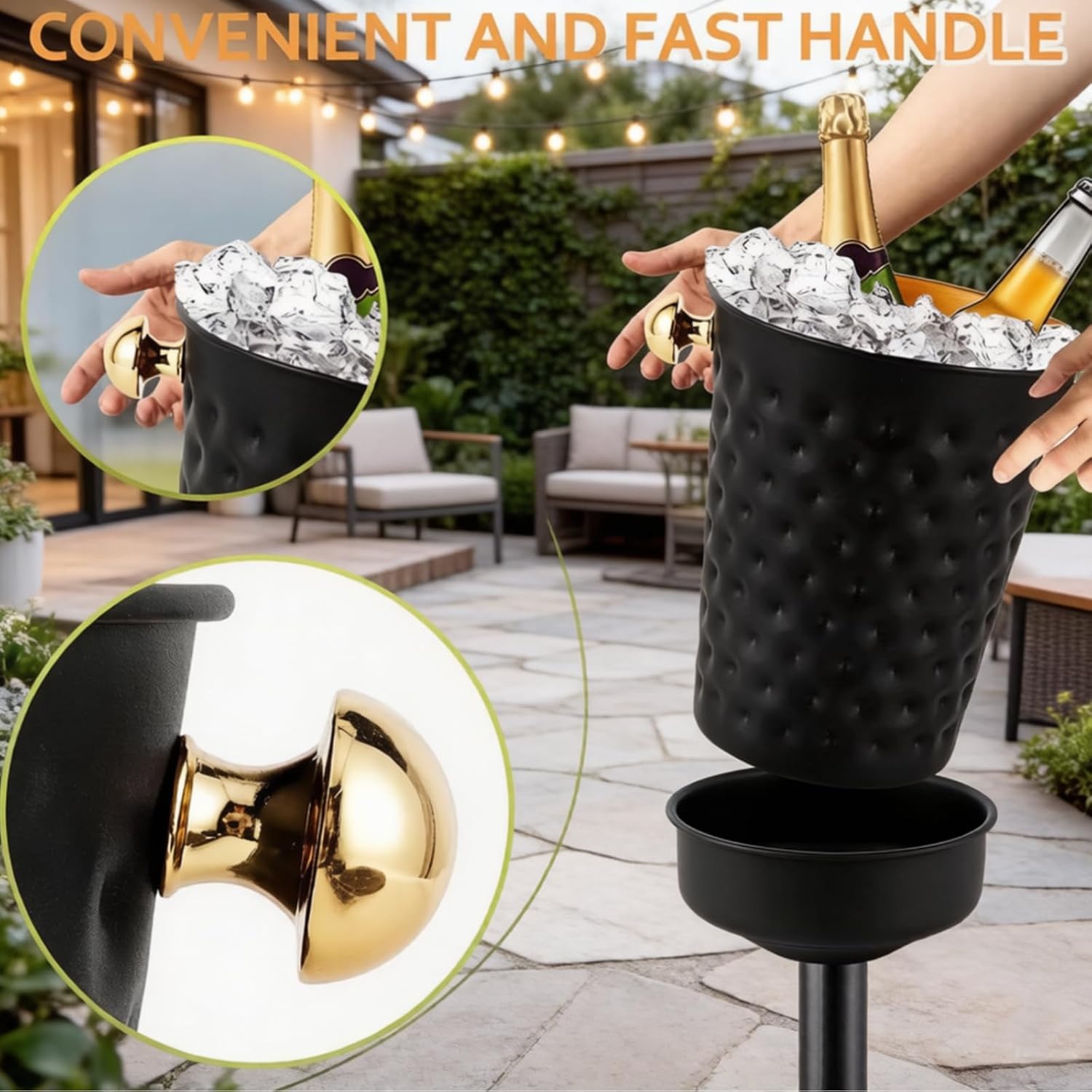 2 Pack Stainless Steel Champagne Ice Bucket with Stand, 92cm/32in Height Black Gold Wine Chiller, 15LB Heavy Duty Ice Bucket Set with Handle for Bar, KTV, Club, Party, Wedding & Commercial Use