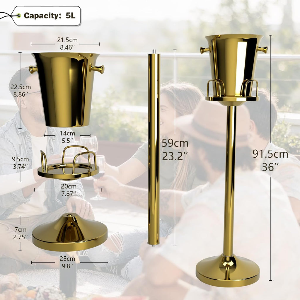 Champagne Bucket with Stand, Wine Bucket Stand with 5L Bucket, Stainless Steel Standing Ice Buckets for Bar, KTV, Hotel, Party, Gathering (Gold, 2 Packs)