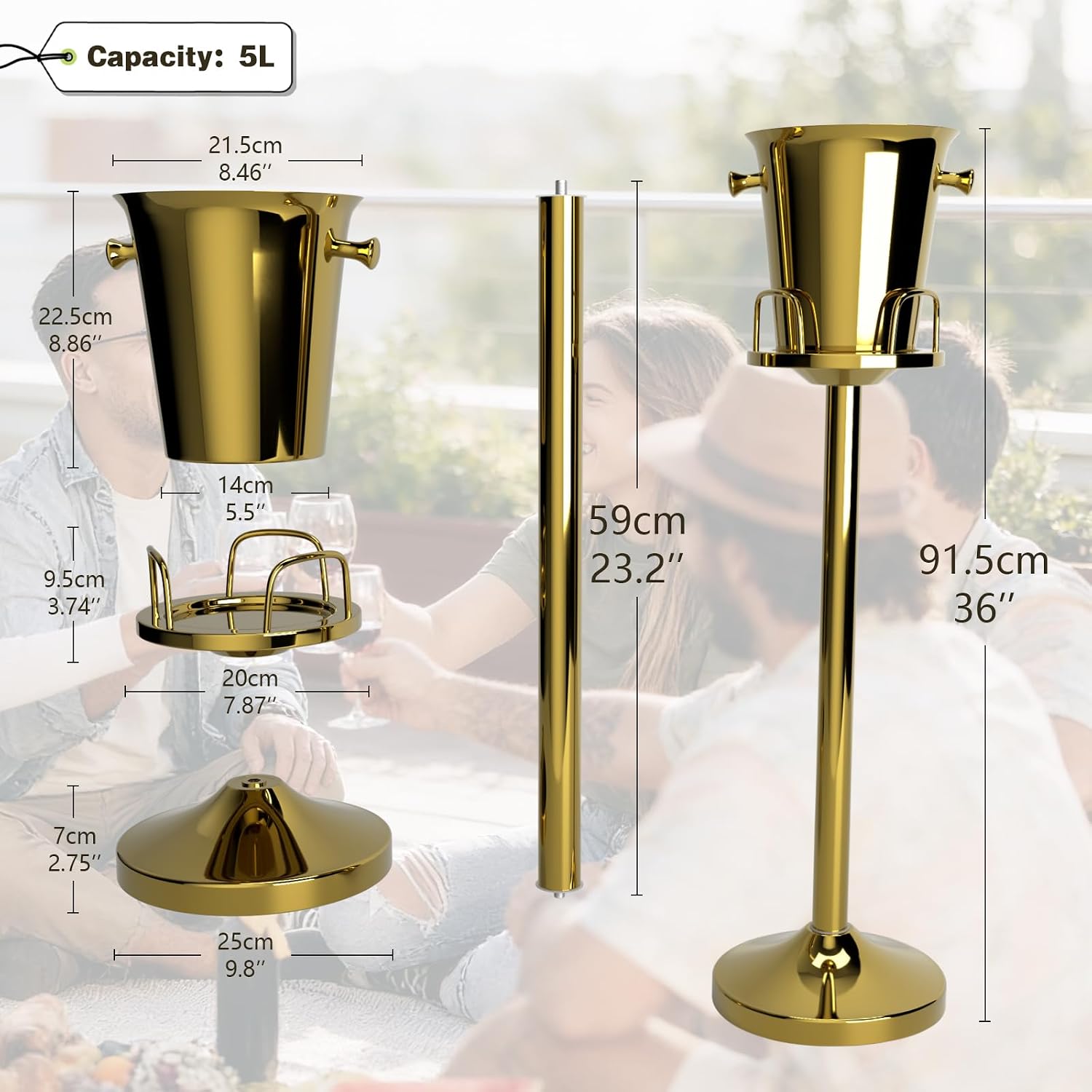 Champagne Bucket with Stand, Wine Bucket Stand with 5L Bucket, Stainless Steel Standing Ice Buckets for Bar, KTV, Hotel, Party, Gathering (Gold, 2 Packs)