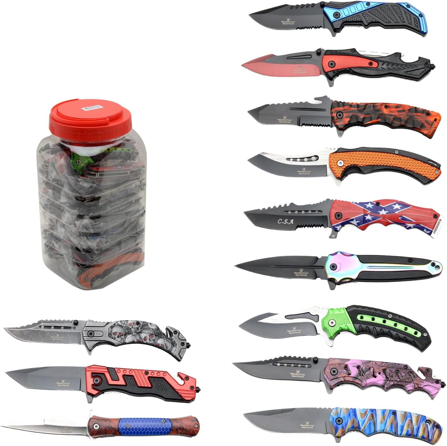 Snake Eye Tactical Spring Assisted Pocket Knife Set, 48 & 24 Different Knives, 4.5 Inch Closed, 3.5 Inch Blade, Counter Display Jar (Assorted-36)