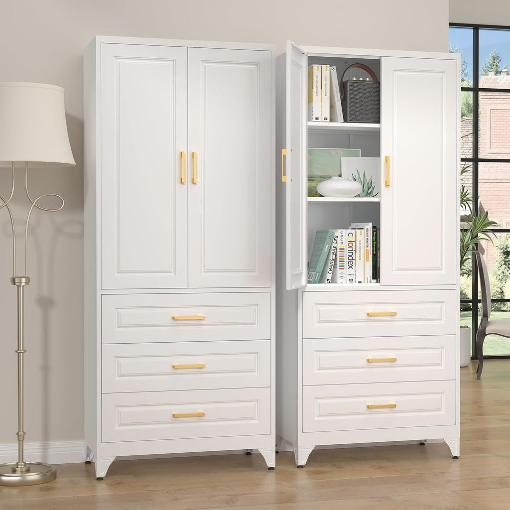 SteeLoong 75' Kitchen Pantry Cabinet with 3 Drawer,Metal Storage Cabinets with Doors and 4 Adjustable Shelves,White Kitchen Cabinet with 2 Gold Handles,Food Cupboard for Livingroom,Pantry, Bathroom