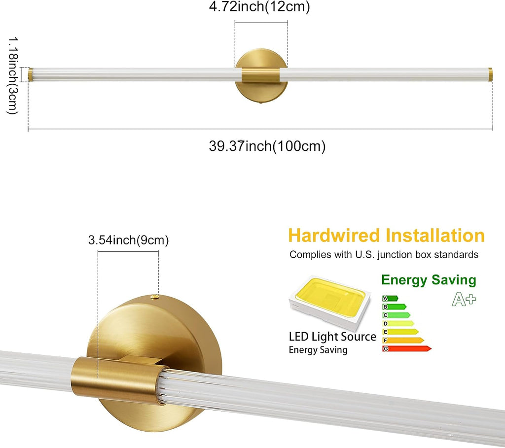 Glod Wall Sconces Set of 2 Hardwired, Dimmable 5CCT LED Bathroom Light Fixtures Over Mirror, 360° Full Lighting 39' Long Vanity Light Bar Modern Wall Sconce for Bathroom Bedroom Living Room