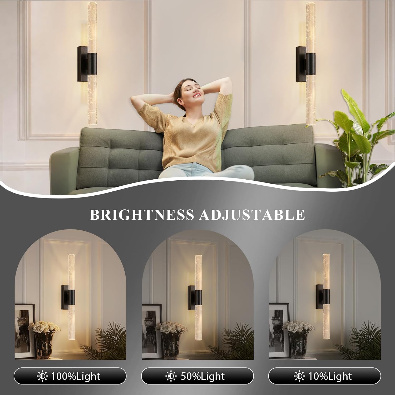 camuucci Battery Operated Wall Sconces Set of 2 Rechargeable Battery Powered Wall Light with 12000mAh Not Hardwired Dimmable Wall Lamp Fixtures for Bedroom Living Room Black 20.9 Inches