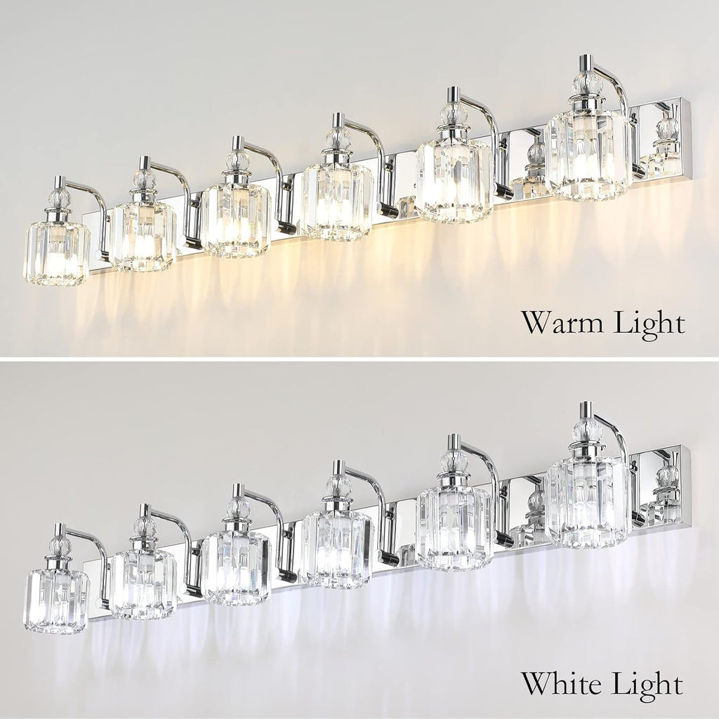 Ralbay Crystal Vanity Lights 6 Light 48' Modern Crystal Bathroom Lights Fixtures Over Long Mirror Stainless Steel Chrome Vanity Light for Bathroom Wall Lights Fixtures