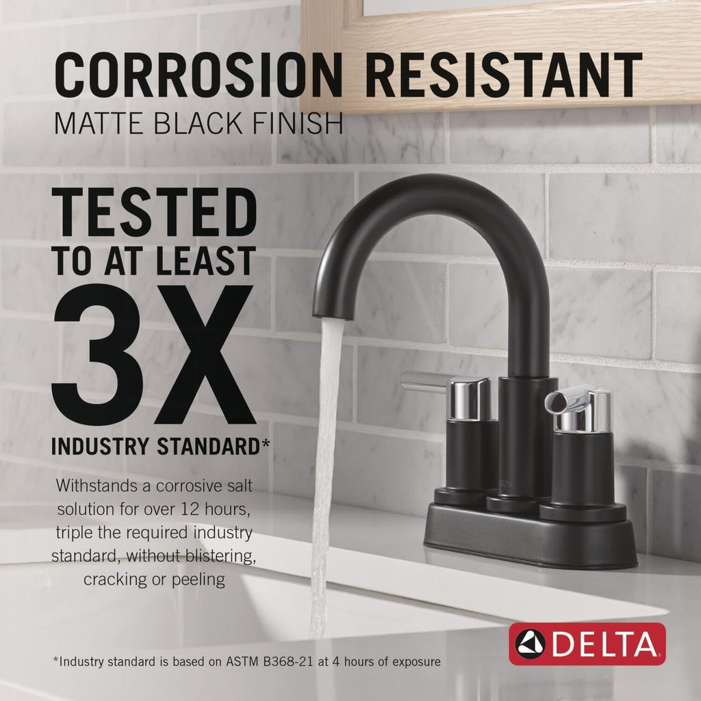Delta Nicoli Centerset Matte Black/Chrome Bathroom Faucet, 4 Inch 3 Hole Bathroom Sink Faucet for Vanity, Push-Pop Drain Assembly, Matte Black/Chrome 25749LF-CS