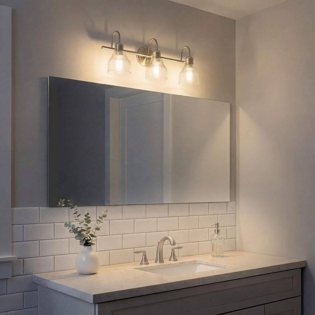 Kichler Avery 24' 3 Light Bathroom Vanity Light in Brushed Nickel, Vintage Bathroom Wall Mount Fixture with Clear Seeded Glass, (24' W x 9.25' H), 45973NI