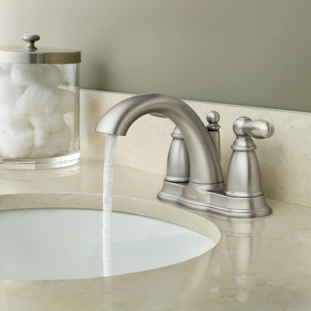 Moen Brantford Brushed Nickel Two-Handle Low-Arc Traditional Centerset Bathroom Faucet with Drain Assembly, 6610BN
