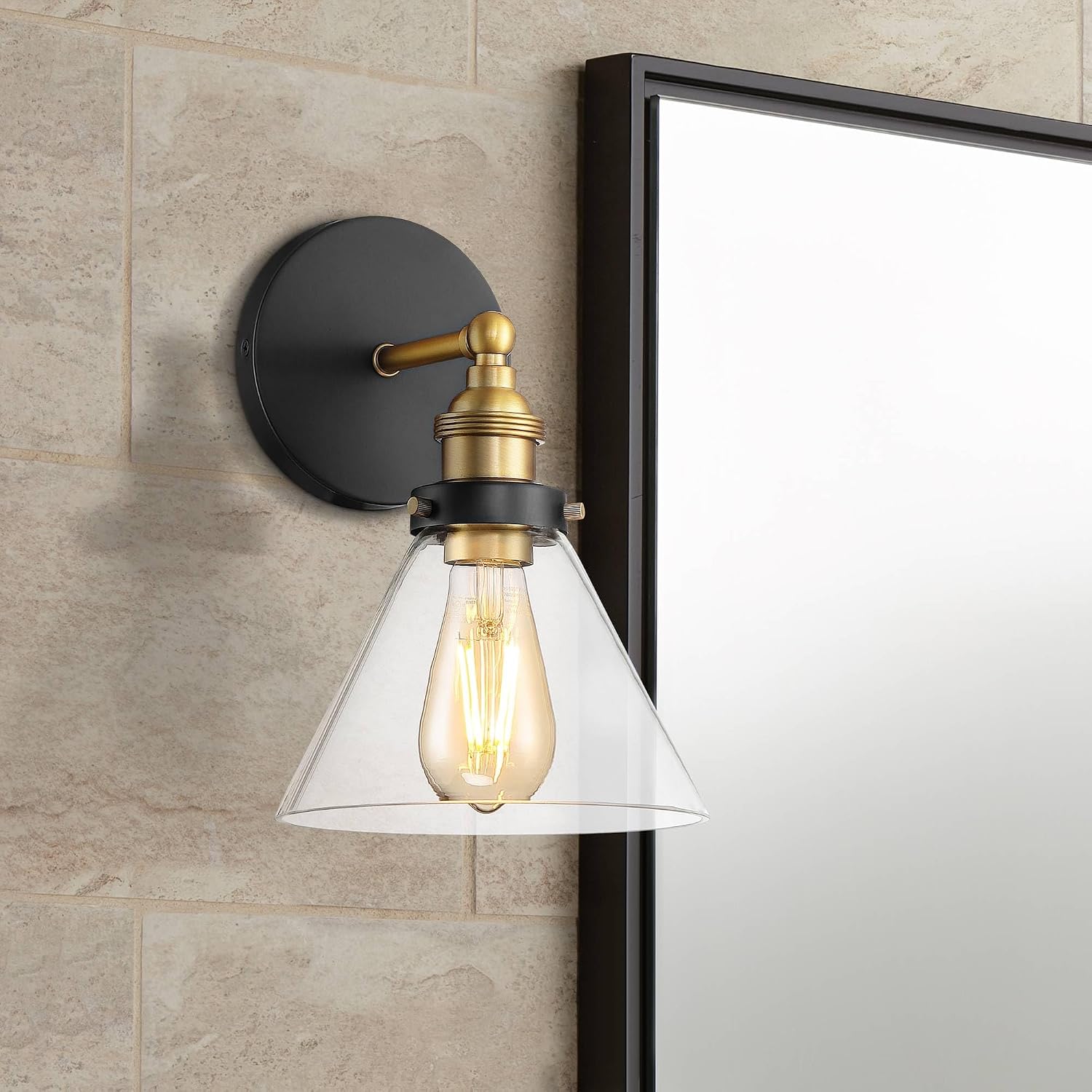 360 Lighting Burke Modern Industrial Wall Light Sconces Set of 2 Black and Brass Hardwire 7 1/4' Fixture Clear Glass Cone Shade for Bedroom Bathroom Bedside Vanity Living Room Home Hallway