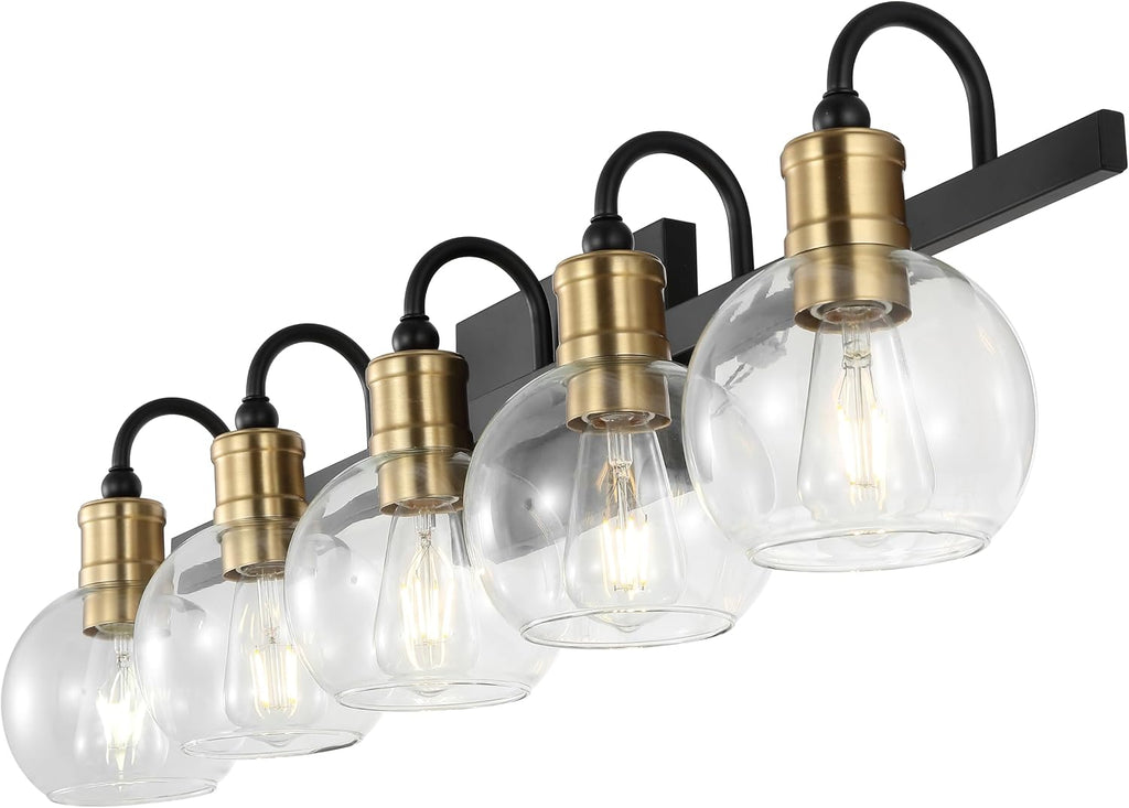 JONATHAN Y 36.5' Black/Brass Gold Vintage Wall Sconce, LED Vanity Light for Bathroom Bedroom Entryway, Clear Glass Globe Shade, Modern Industrial Arched Lamp, LED Bulb Included (JYL3556A)