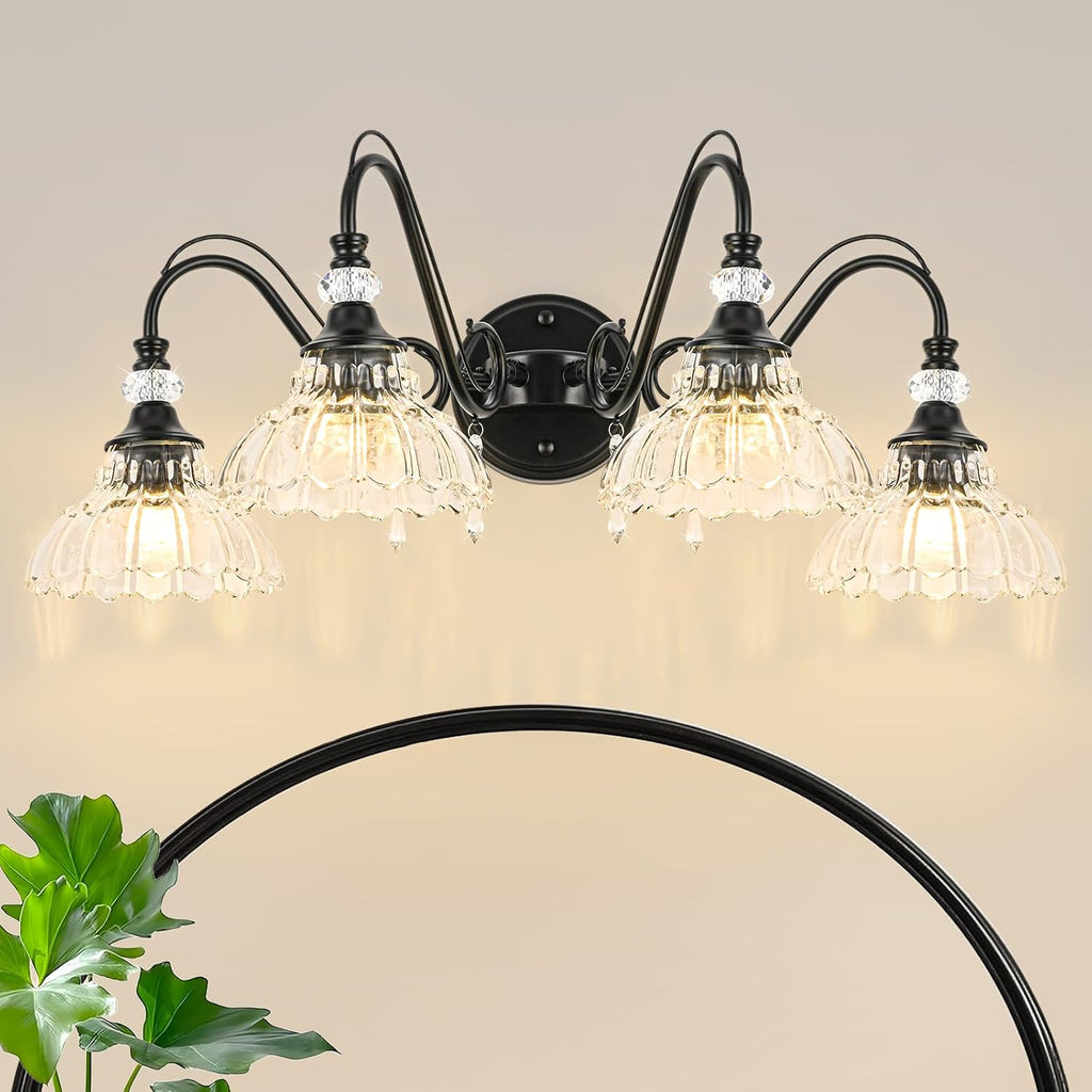 Black Bathroom Vanity Light, 4-Light Matte Black Finish Farmhouse Wall Sconce with Hanging Crystal Accents and Flower-Shaped Clear Glass Shades, Retro Wall Mount Vanity Light Over Mirror for Bathroom