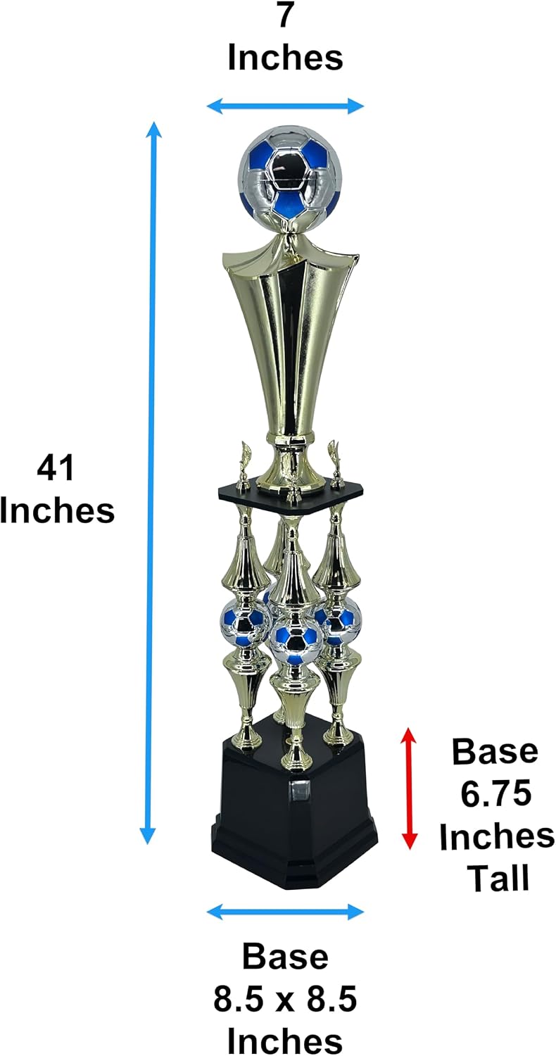 Express Medals Deluxe Soccer Championship Trophy, 41-Inch Gold Tower with Silver Blue Ball Accents, 4-Tier Design