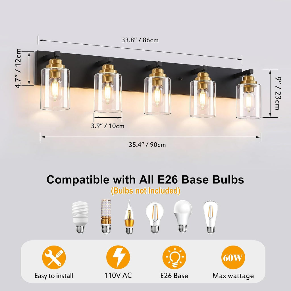 Black and Gold Bathroom Light Fixture, 5 Light Brushed Gold Vanity Light, 35.4' Modern Farmhouse Bathroom Lighting Fixtures Over Mirror, with Clear Glass Shade, Vanity Lights for Bedroom Hallway