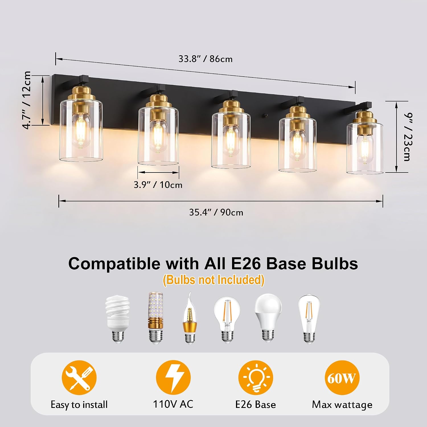 Black and Gold Bathroom Light Fixture, 5 Light Brushed Gold Vanity Light, 35.4' Modern Farmhouse Bathroom Lighting Fixtures Over Mirror, with Clear Glass Shade, Vanity Lights for Bedroom Hallway