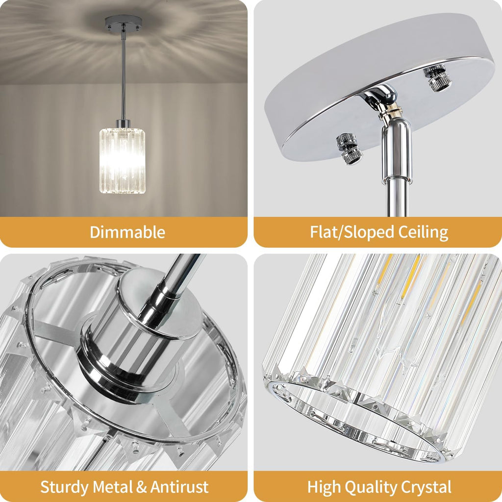 3 Pack Chrome Pendant Lights Kitchen Island, Modern Crystal Kitchen Pendant Lighting Over Island Adjustable Hanging Dining Room Light Fixtures Mini Pendant Light for Bathroom Hallway Bedroom Foyer