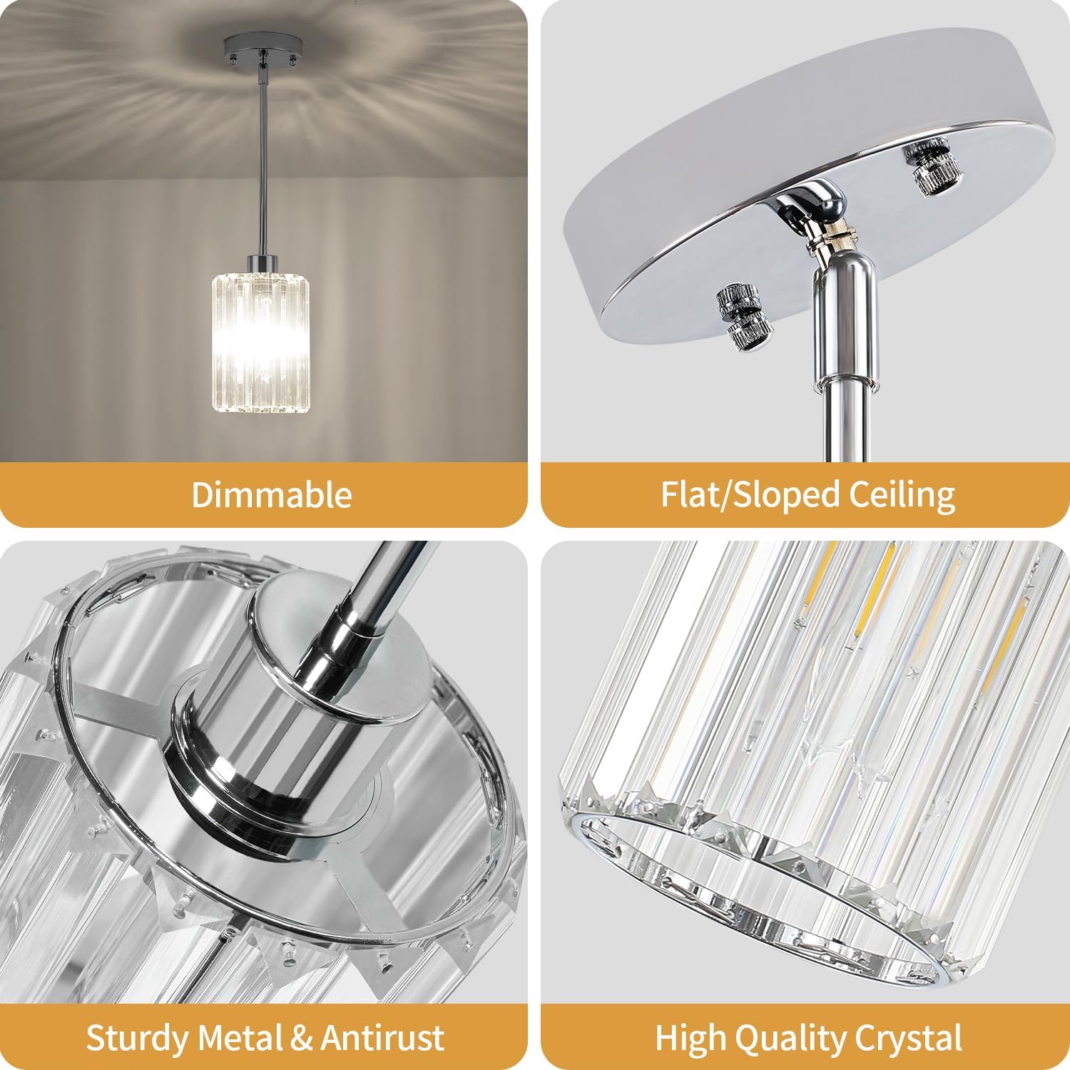 3 Pack Chrome Pendant Lights Kitchen Island, Modern Crystal Kitchen Pendant Lighting Over Island Adjustable Hanging Dining Room Light Fixtures Mini Pendant Light for Bathroom Hallway Bedroom Foyer