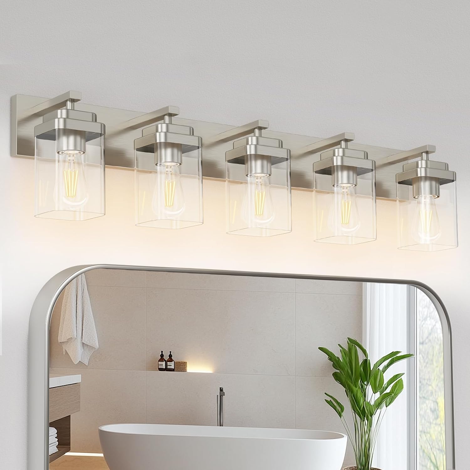Brushed Nickel Bathroom Light Fixtures, 5 Lights Bathroom Lighting Fixtures Over Mirror, Square Design & Rectangle Large Backplate, Modern Vanity Lighting Fixtures, for Living Room/Bedroom