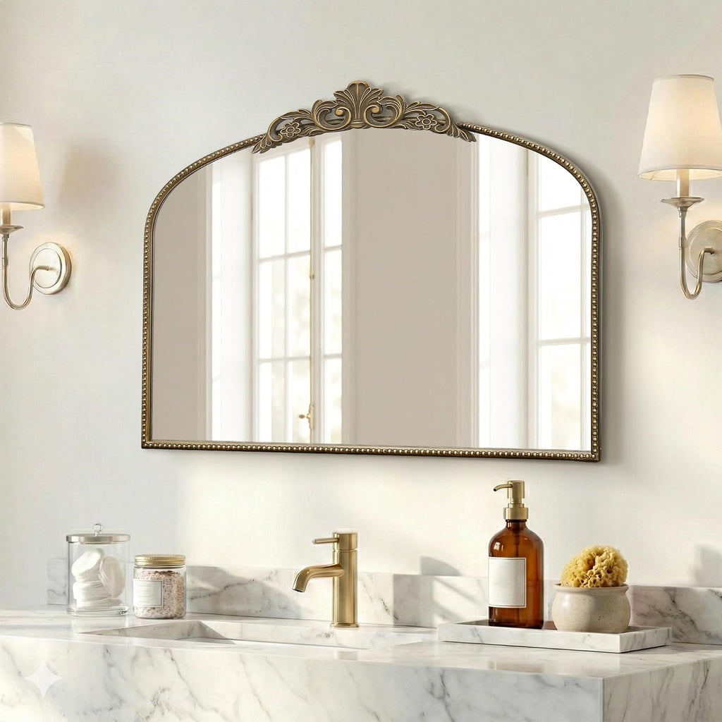 Micasso Vintage Gold Arched Mirror: 36'x29' French Baroque Antique Wall Mounted Mirror - Traditional Ornate Decorative for Wall/Fireplace/Entryway/Bathroom/Hallway - Home Decor for Living Room