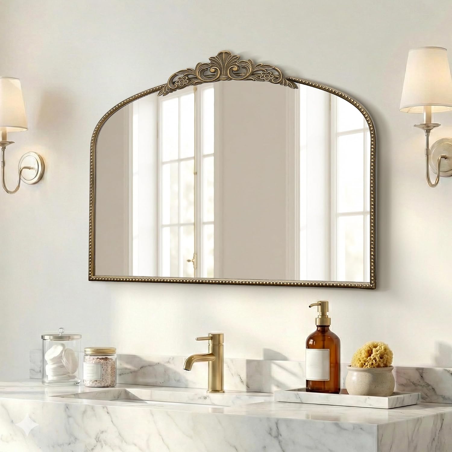 Micasso Vintage Gold Arched Mirror: 36'x29' French Baroque Antique Wall Mounted Mirror - Traditional Ornate Decorative for Wall/Fireplace/Entryway/Bathroom/Hallway - Home Decor for Living Room