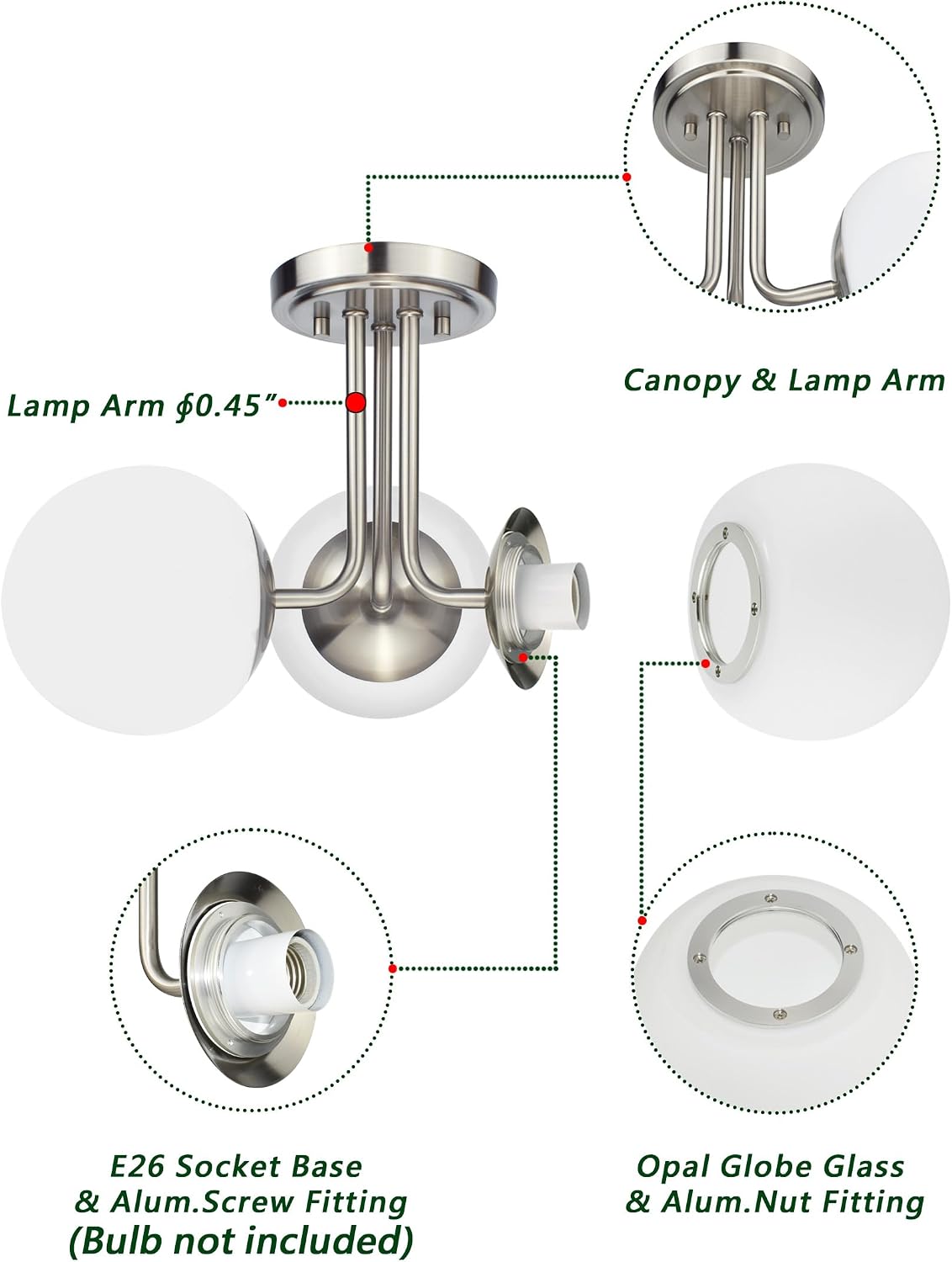 3 Light Semi Flush Mount Ceiling Light Fixture Brushed Nickel, Modern Globe Chandelier, Sputnik Farmhouse Lighting for Kitchen Bedroom Bathroom Living Room Corridor Laundry Room Bar …