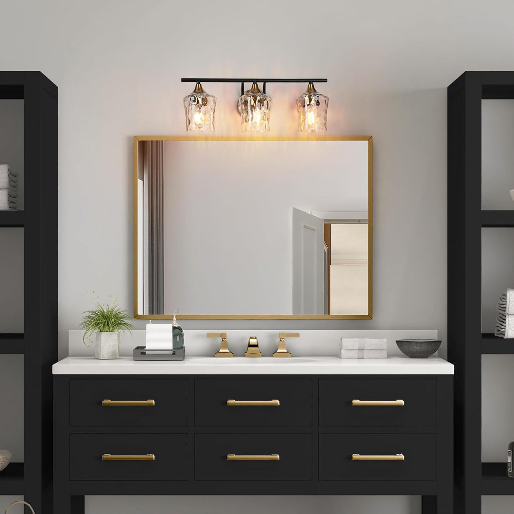 KSANA Black and Brass Vanity Light, Modern Black Gold Bathroom Light Fixtures with Water Textured Glass Shade, 3-Light Bathroom Lighting Over Mirror