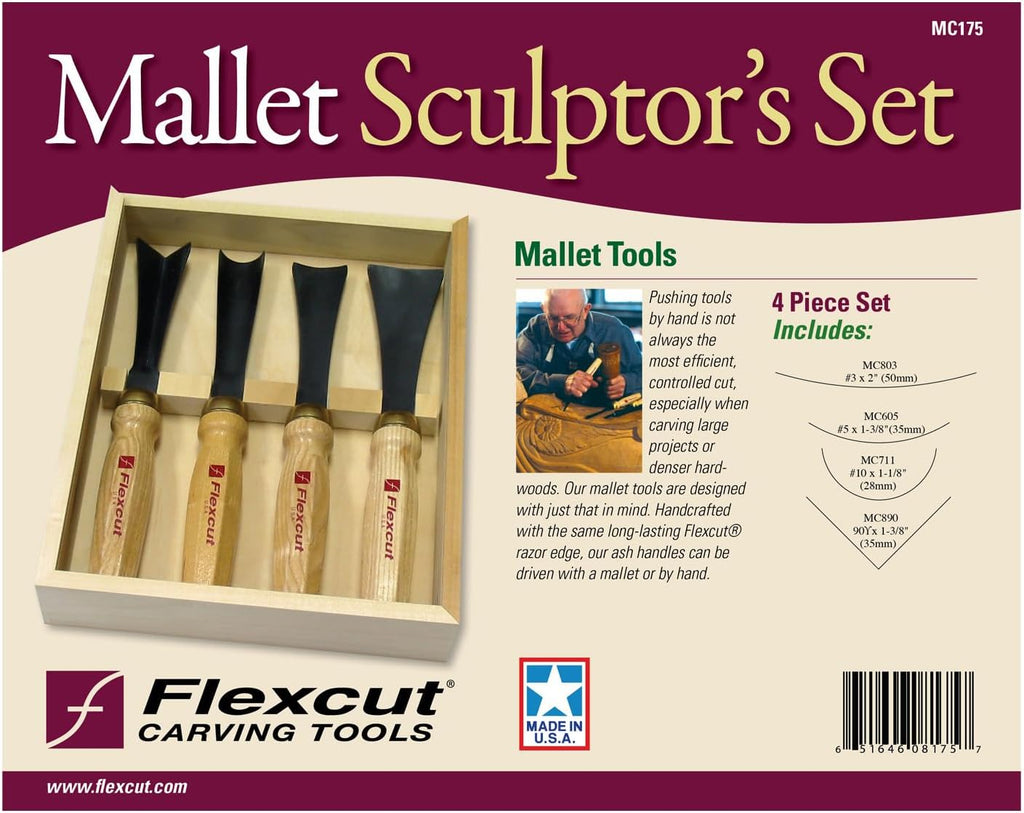 Flexcut Wood Carving Tools |4-Piece Sculptor's Set | Mallet Wood Carving Kit with Chisels and Gouges for Beginners and Professionals | MC175 | Made in the U.S.A.