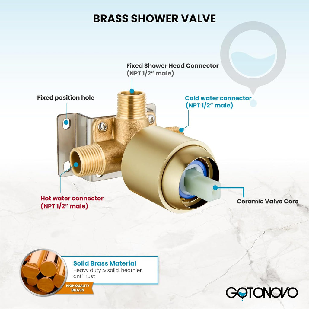 gotonovo Dual 2 in 1 Shower Head Kit High Pressure Combo System Shower Faucet 6 Modes ABS Handheld Spray Shower Trim Kit with Valve Shower Head and Handle Set Brushed Gold