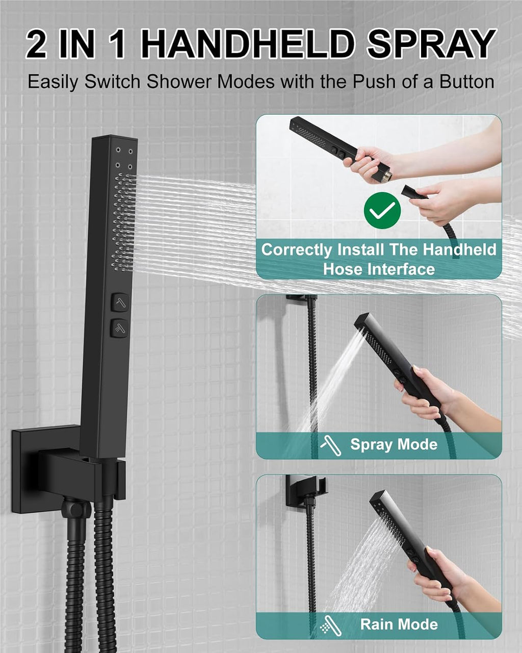 Shower Faucet Set Rainfall Shower System with Square Showerhead and Handle Set Fixture with 2 in 1 Function Handheld Sprayer Wall Mounted Trim Repair Kit Rough-in Valve 12 Inch Matte Black