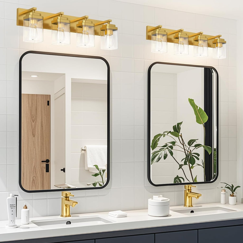 Brushed Gold Bathroom Light Fixtures, 4 Lights Bathroom Lighting Fixtures Over Mirror, Square Design & Rectangle Large Backplate, Modern Vanity Lighting Fixtures, for Living Room/Bedroom