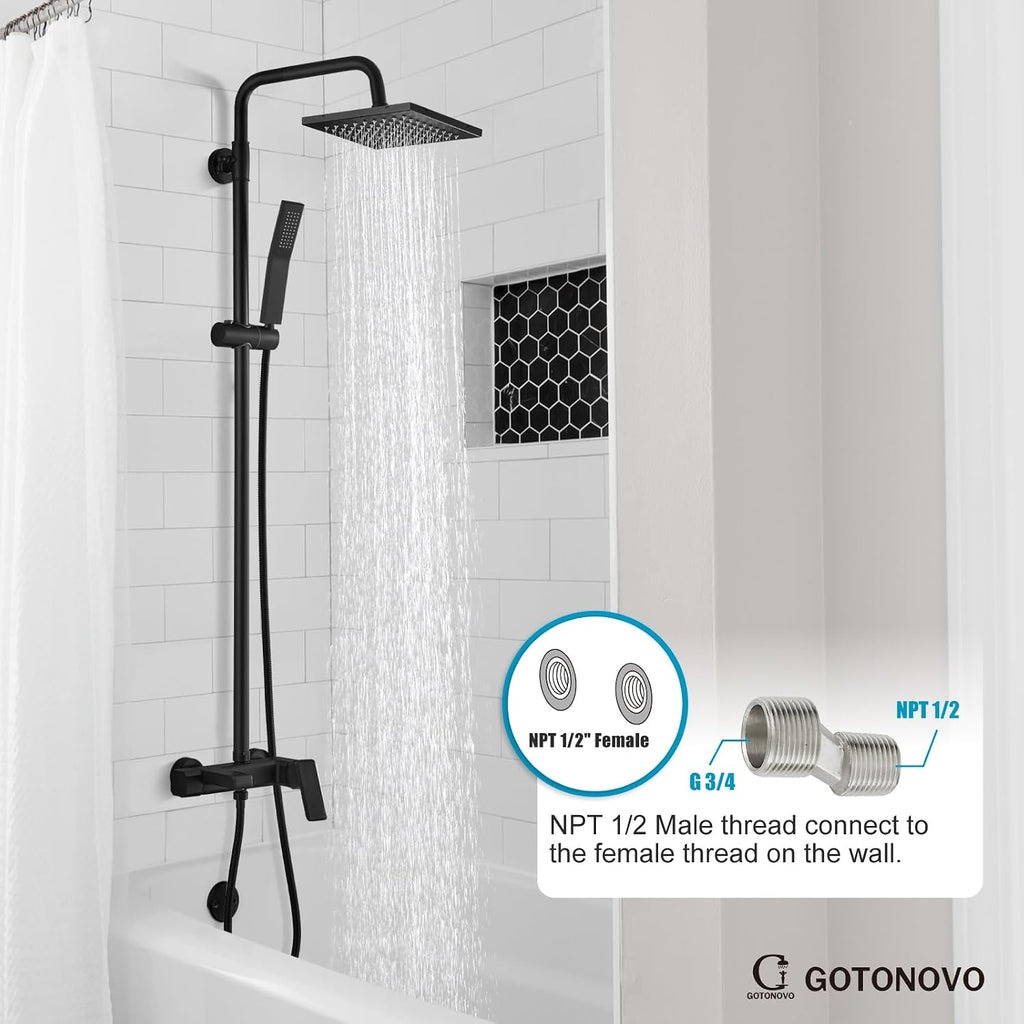 gotonovo Matte Black Exposed Shower Fixture Faucet Set Triple Function 8 Inch Rainfall Showerhead and Tub Spout Shower System Combo Unit, Small Curved Metal Handheld
