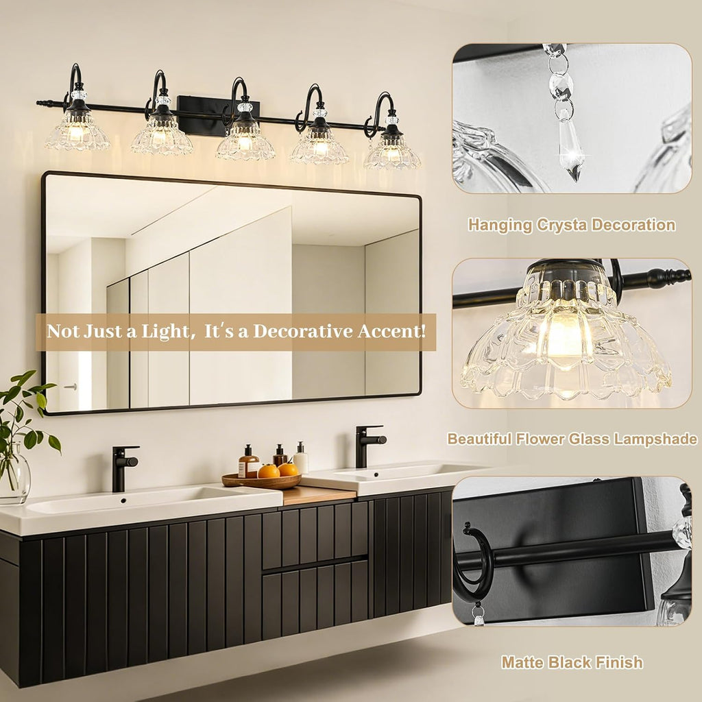 Black Bathroom Vanity Light, 5-Light Matte Black Finish Farmhouse Wall Sconce with Hanging Crystal Accent and Flower-Shaped Clear Glass Shade, Wall Mount Vanity Light Over Mirror for Bathroom