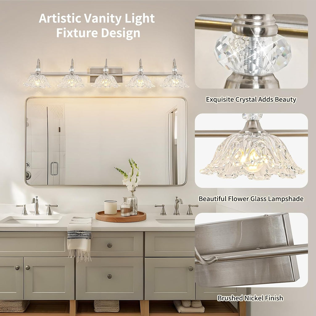 Brushed Nickel 5-Light Bathroom Vanity Light with Floral Clear Glass Shades, Brushed Nickel Wall Mount Lighting for Bathroom, Dressing Table