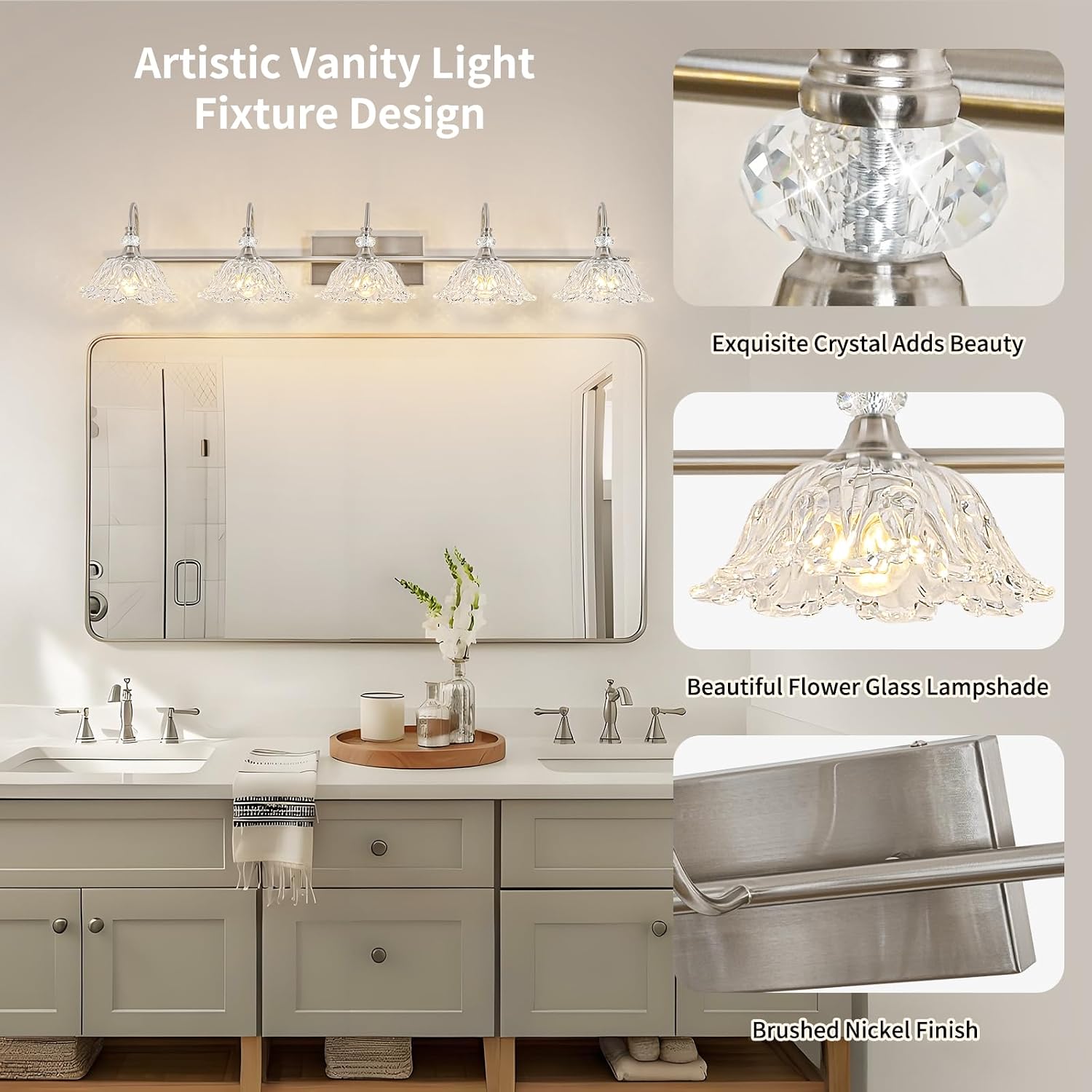 Brushed Nickel 5-Light Bathroom Vanity Light with Floral Clear Glass Shades, Brushed Nickel Wall Mount Lighting for Bathroom, Dressing Table
