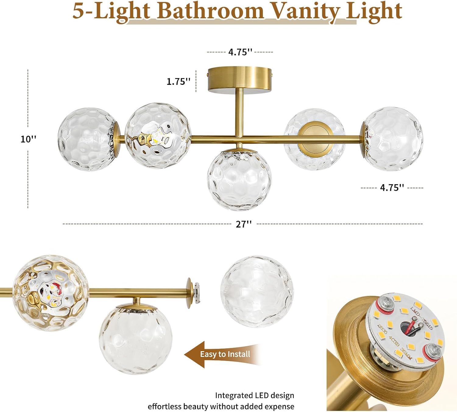 Gold Bathroom Vanity Light Fixtures: 5-Light Hammered Clear Glass Globe Light Fixture Bathroom Wall Sconce over Mirror - Mid Century Modern Gold Dimmable LED Brushed Brass Vanity Lighting Sconces