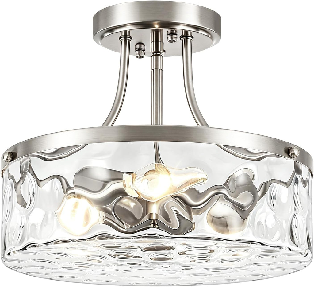 TOULMJ Brushed Nickel Semi Flush Mount Ceiling Light, 3-Light Modern Hammered Glass Kitchen Lighting Fixture for Hallway Entryway Bathroom Bedroom Laundry Dining Room