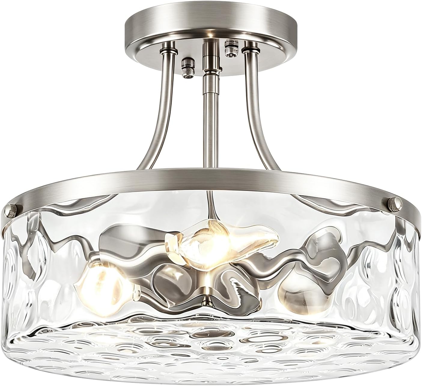 TOULMJ Brushed Nickel Semi Flush Mount Ceiling Light, 3-Light Modern Hammered Glass Kitchen Lighting Fixture for Hallway Entryway Bathroom Bedroom Laundry Dining Room